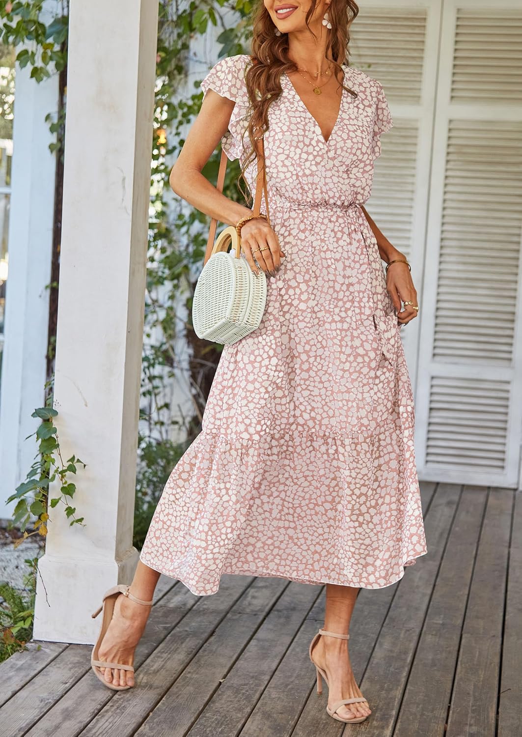 PRETTYGARDEN Women's Summer Floral Boho Dress Wrap V Neck Short Sleeve Ruffle A-Line Flowy Maxi Wedding Guest Dresses