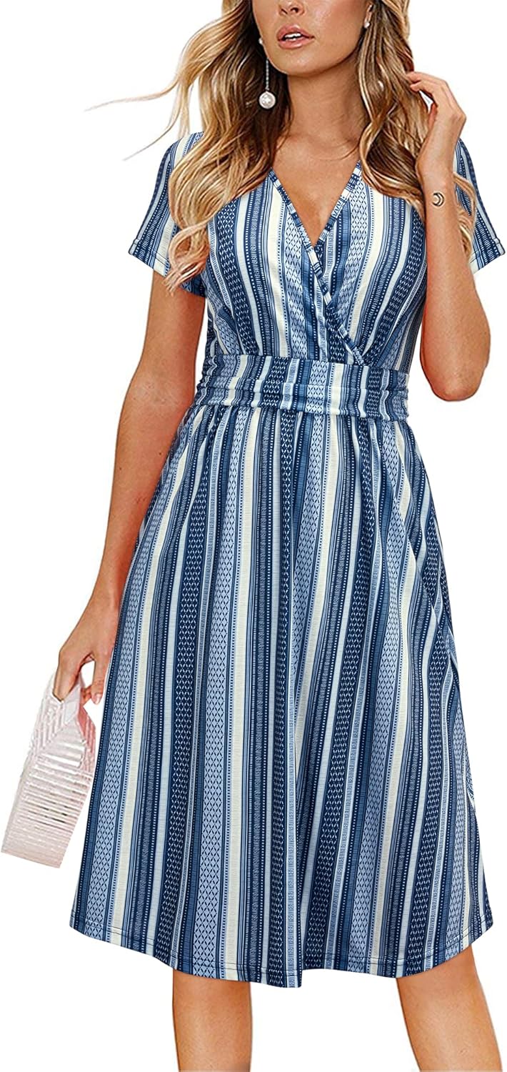 OUGES Women's Summer Short Sleeve V-Neck Floral Short Party Dress with Pockets