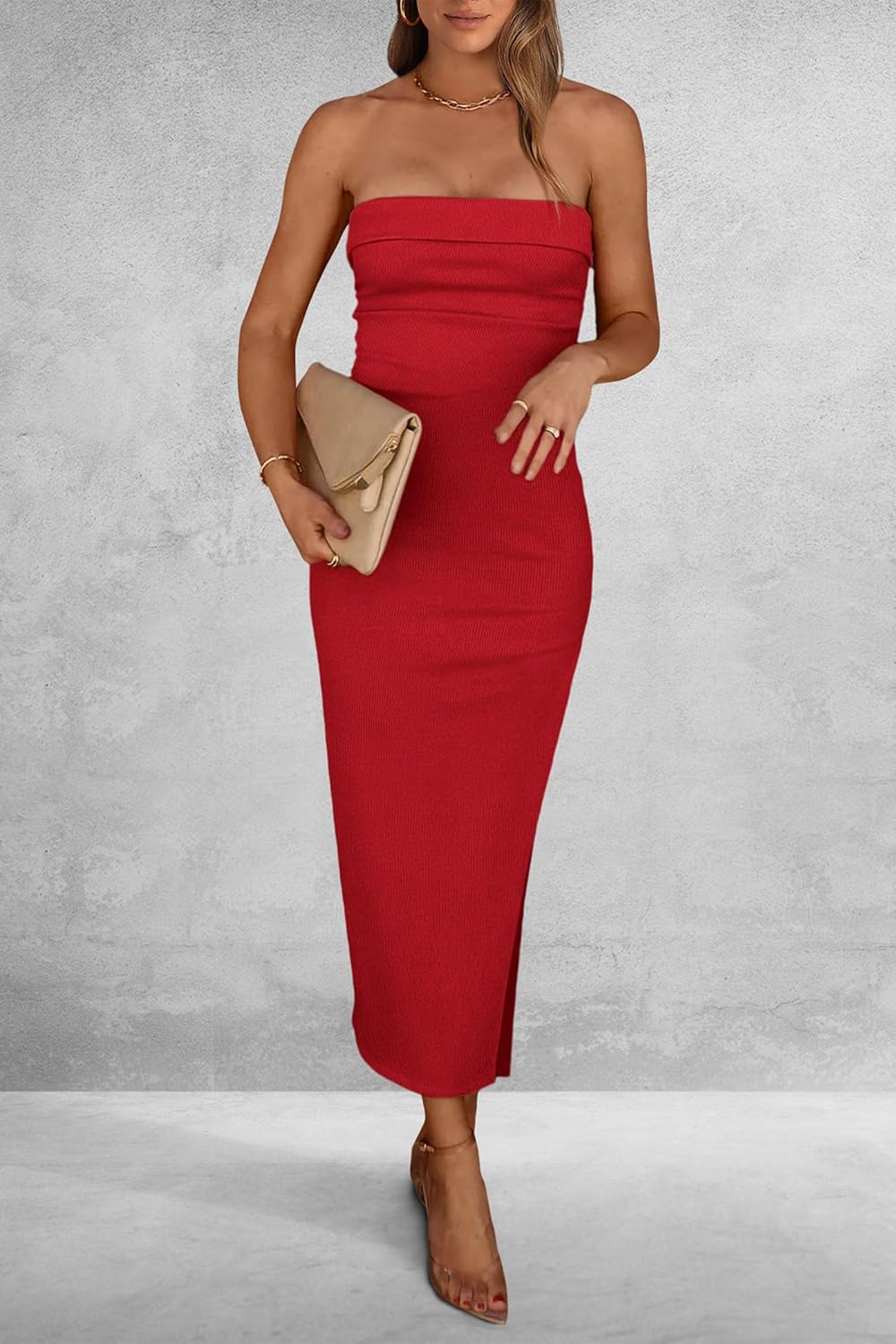 PRETTYGARDEN Women's Summer Bodycon Maxi Tube Dress Ribbed Strapless Side Slit Long Going Out Casual Elegant Party Dresses