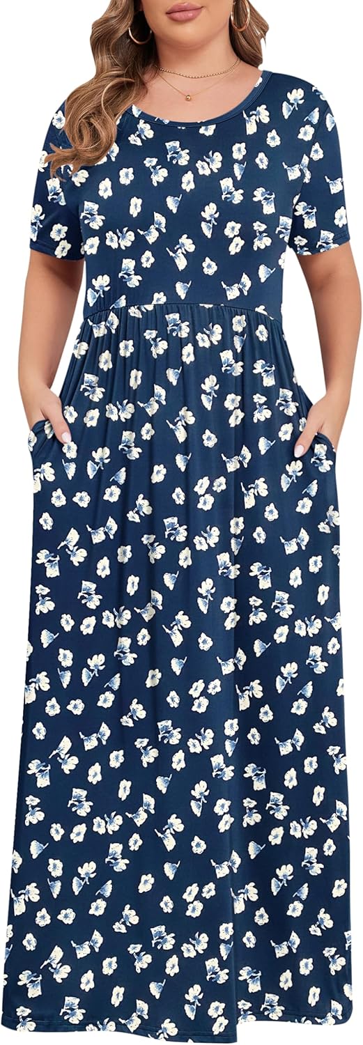 KARALIN Women’s Plus Size Maxi Dresses for Curvy Women Summer Casual Short Sleeve 2025 Long Dress 14W-26W