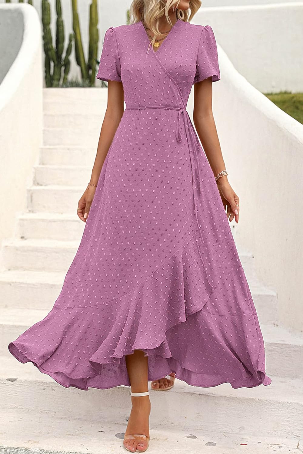 PRETTYGARDEN Women's Summer Wrap Maxi Dress Casual Short Sleeve Floral Boho V Neck Split Ruffle Beach Long Dresses