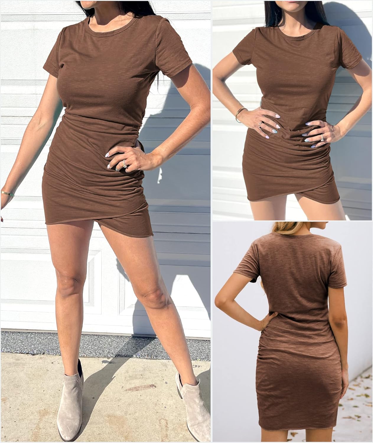 BTFBM Women's 2025 Summer Casual Beach Dresses Crew Neck Short Sleeve Wrap Party Club Mini Ruched Bodycon T Shirt Dress