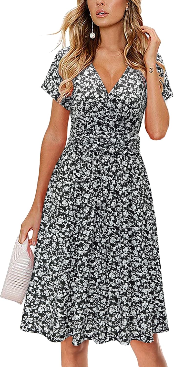 OUGES Women's Summer Short Sleeve V-Neck Floral Short Party Dress with Pockets
