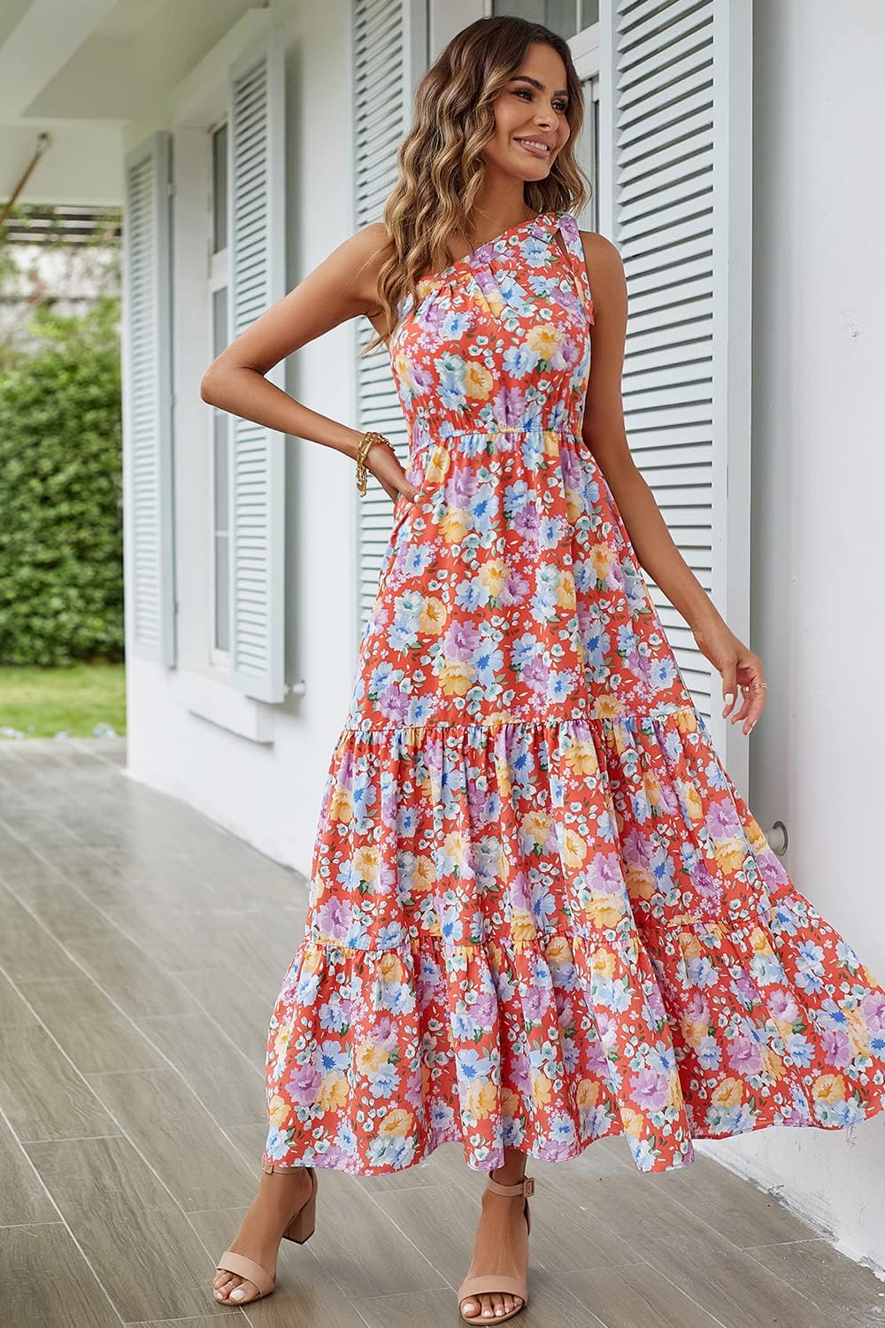 PRETTYGARDEN Women's Summer Floral Maxi Dress Knot One Shoulder Sleeveless Ruffle Flowy Boho Beach Wedding Guest Dresses