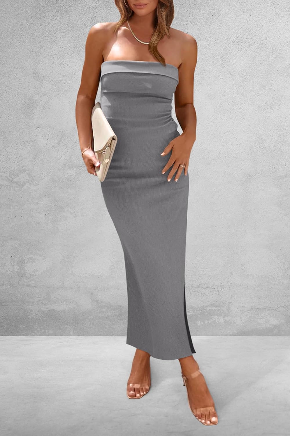PRETTYGARDEN Women's Summer Bodycon Maxi Tube Dress Ribbed Strapless Side Slit Long Going Out Casual Elegant Party Dresses