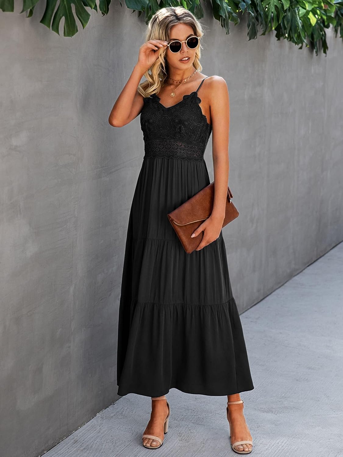 Dokuritu Women's Beach Crochet Lace Maxi Dress Solid Color Summer Vacation Spaghetti Strap Long Dress 2024