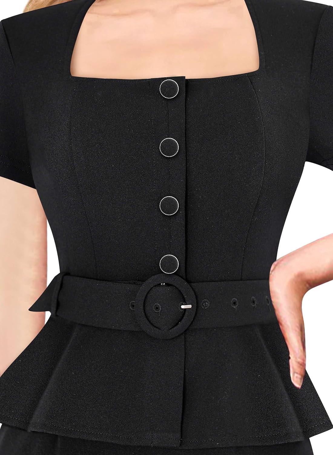 VFSHOW Womens 2024 Business Work Office Square Neck Belted Peplum Buttons Slim Bodycon Sheath Dress