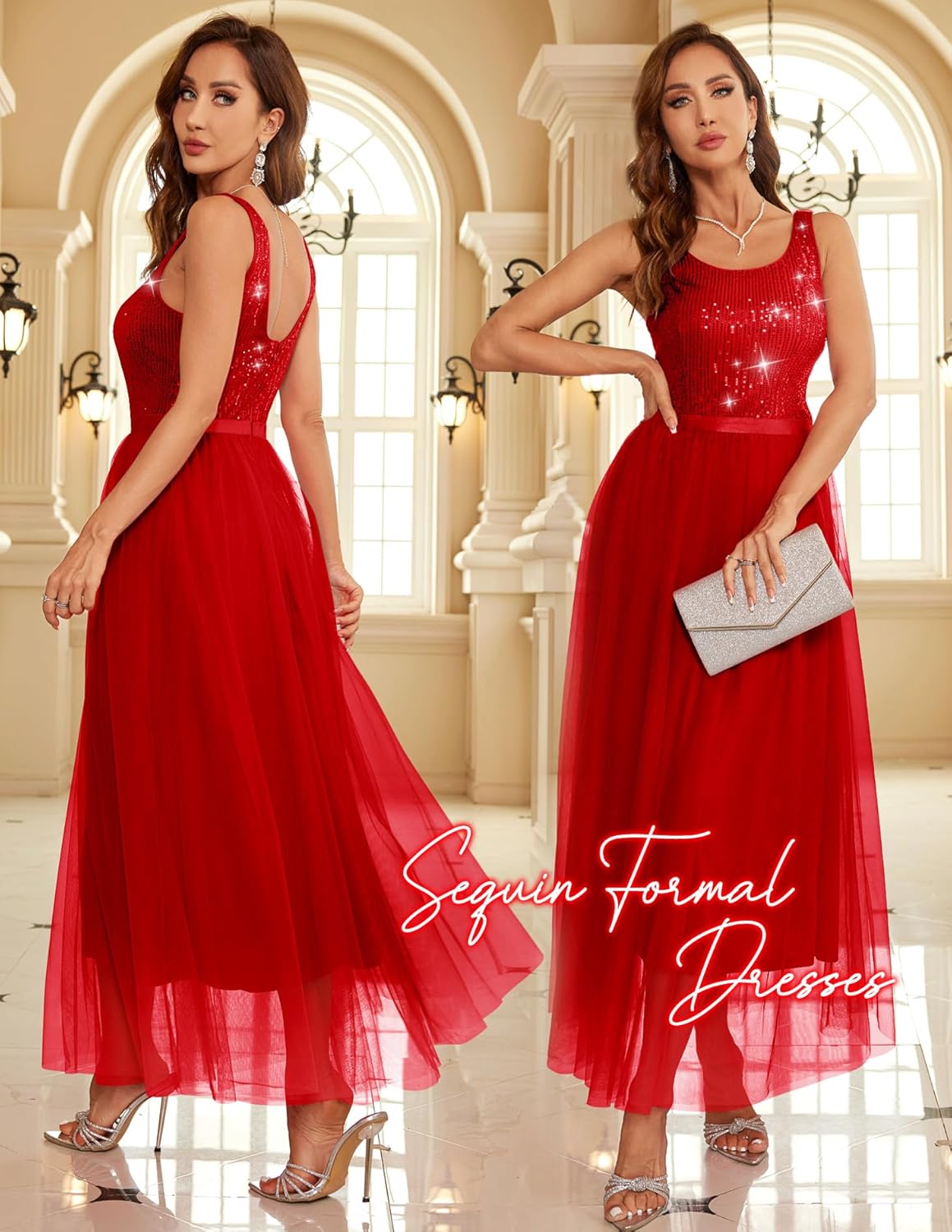 BeryLove Sequin Dress for Woman Vintage A Line Wedding Formal Swing Mesh Dress Sleeveless Cocktail Maxi Gowns