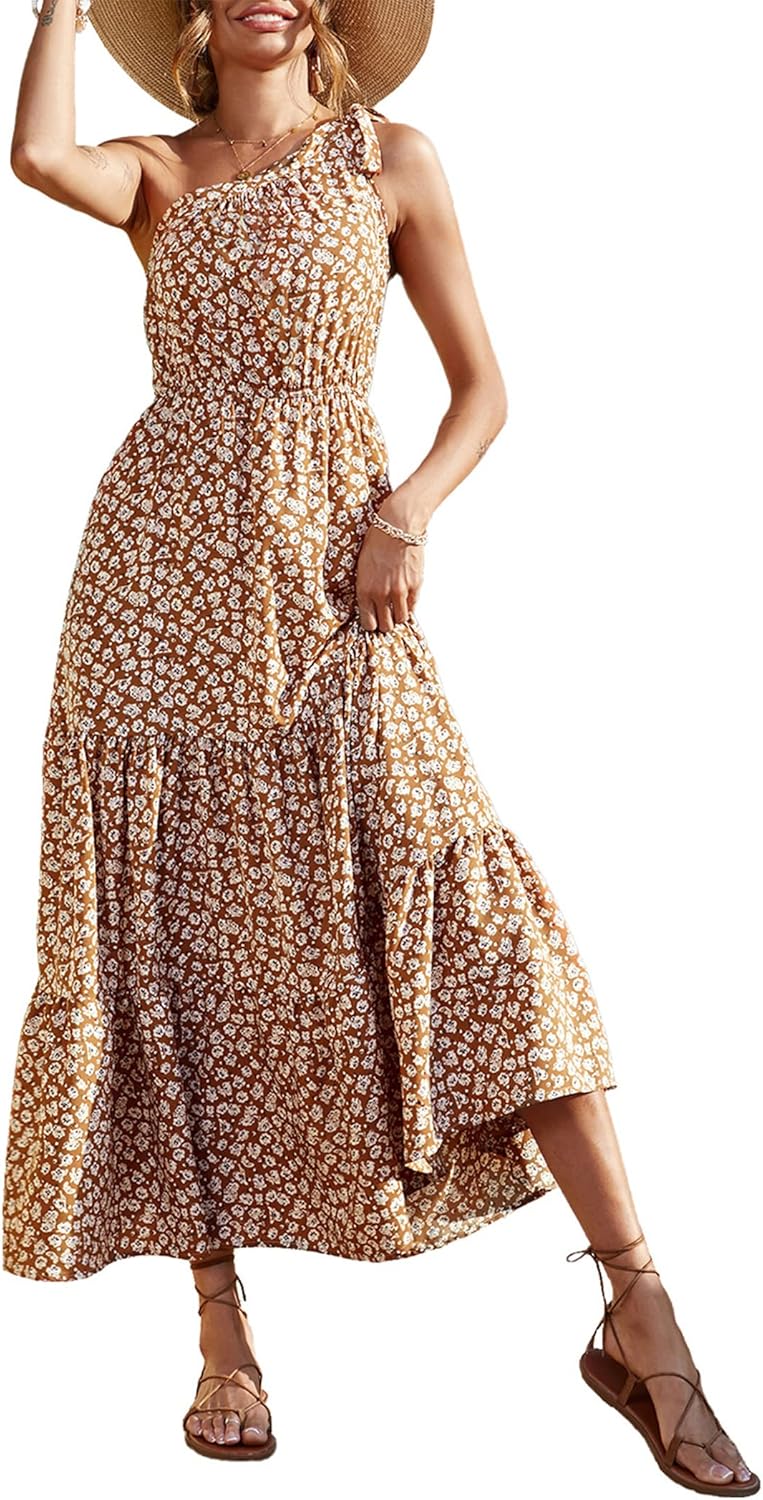 PRETTYGARDEN Women's Summer Floral Maxi Dress Knot One Shoulder Sleeveless Ruffle Flowy Boho Beach Wedding Guest Dresses