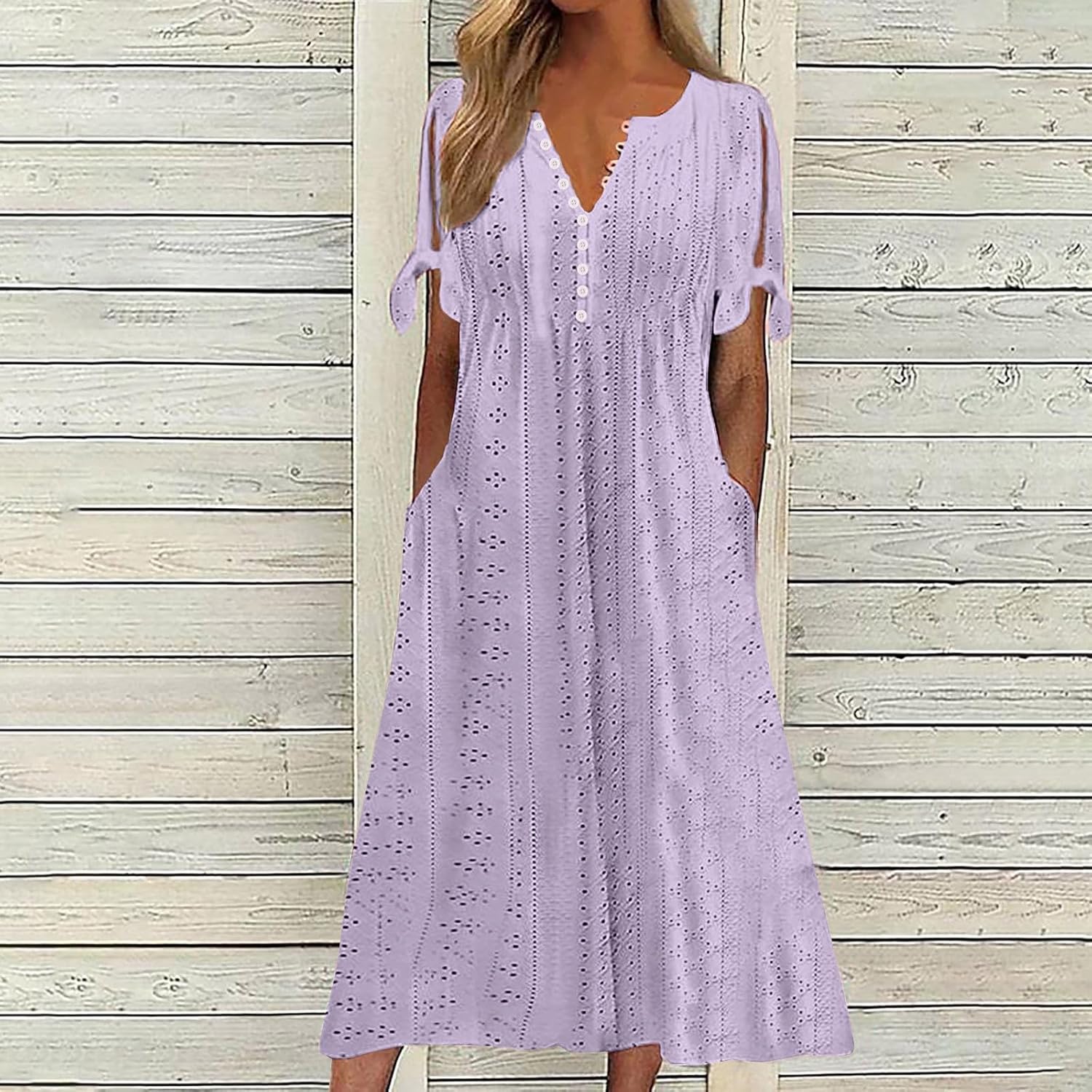 Boho Dresses for Women 2024 Fashion Summer Short Sleeve Eyelet Notch V Neck Sundress Beach Casual Maxi Long Dress