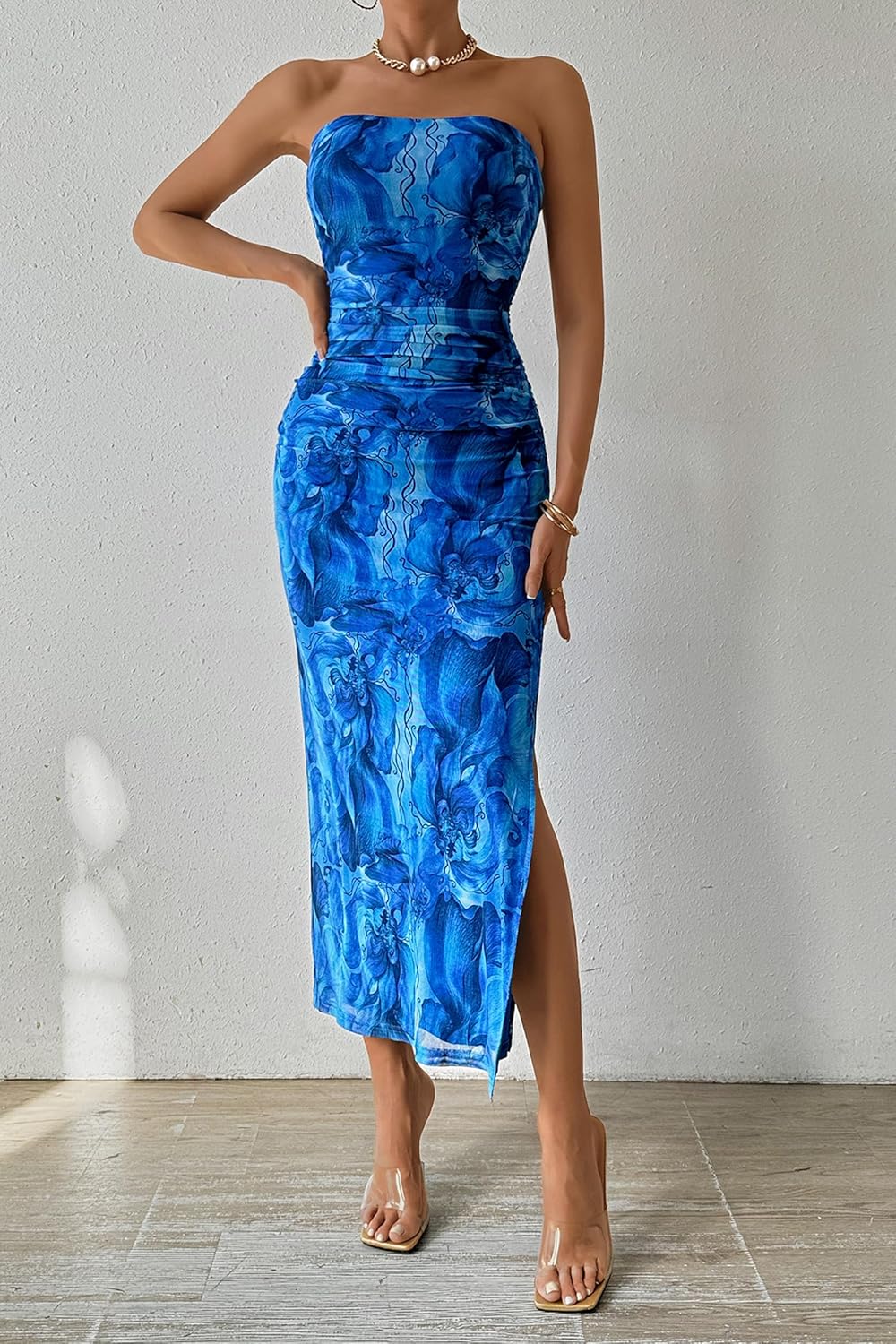 PRETTYGARDEN Women's Summer Maxi Bodycon Dresses Strapless Tube Top Printed Long Party Club Slit Dress