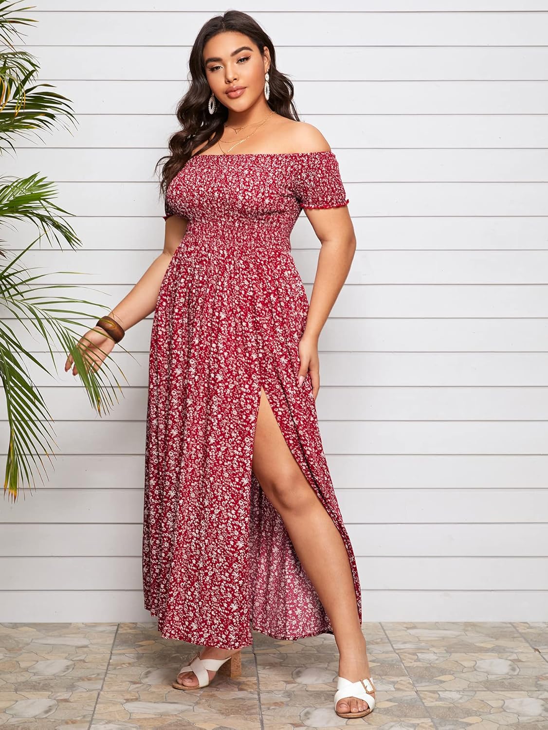 Floerns Women's Boho Floral Print Off Shoulder Split Long A Line Dress