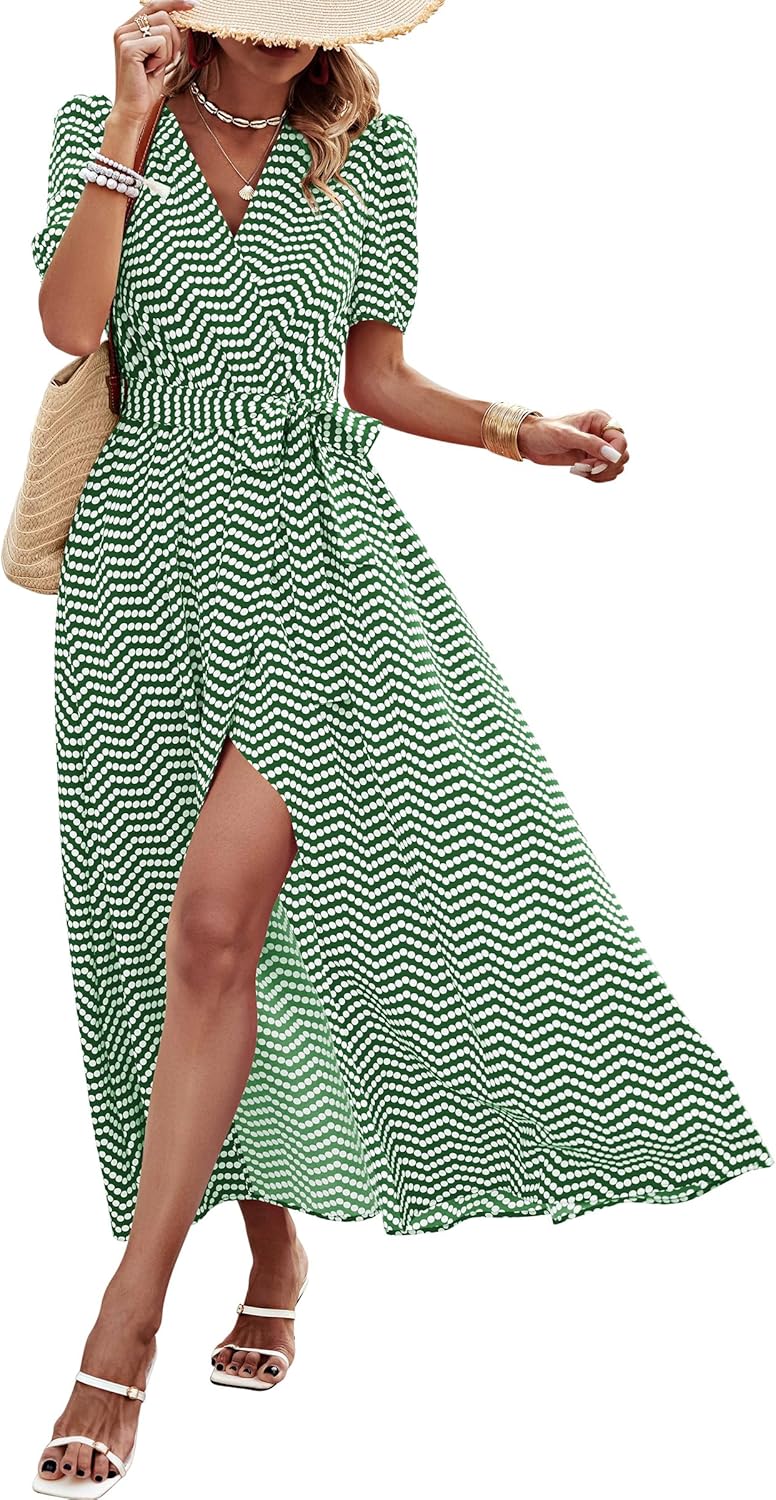 PRETTYGARDEN Women's Summer Wrap Maxi Dress Casual Short Sleeve Floral Boho V Neck Split Ruffle Beach Long Dresses