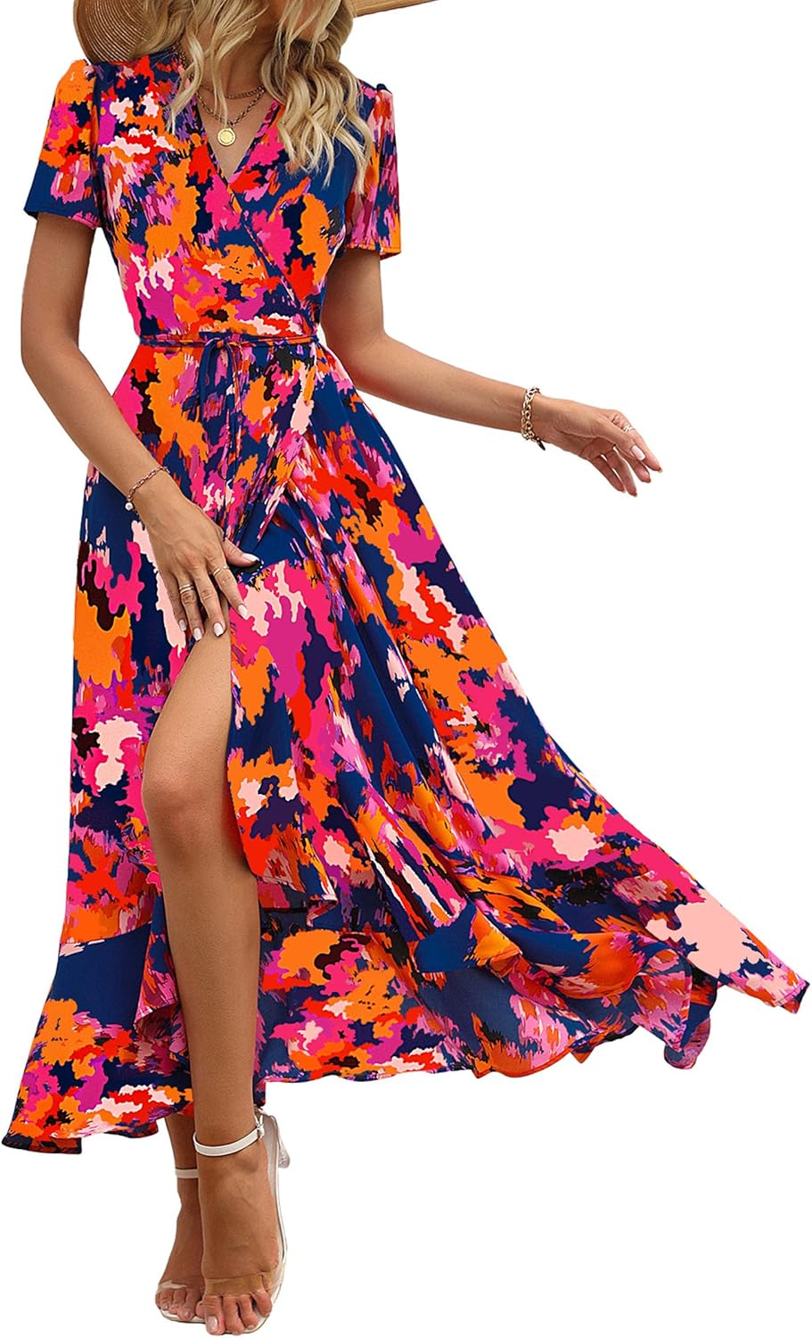 PRETTYGARDEN Women's Summer Wrap Maxi Dress Casual Short Sleeve Floral Boho V Neck Split Ruffle Beach Long Dresses