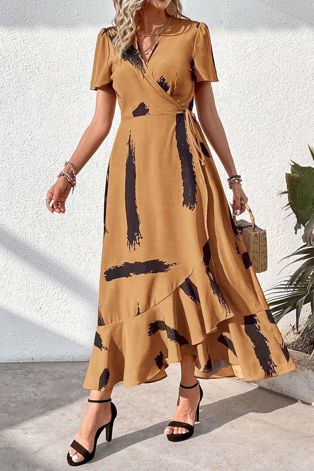 PRETTYGARDEN Women's Summer Wrap Maxi Dress Casual Short Sleeve Floral Boho V Neck Split Ruffle Beach Long Dresses