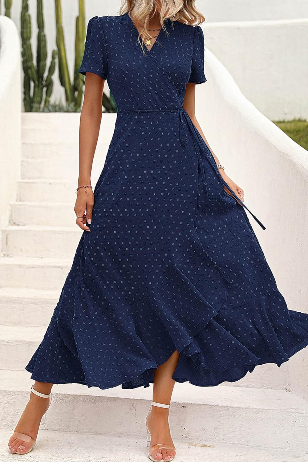 PRETTYGARDEN Women's Summer Wrap Maxi Dress Casual Short Sleeve Floral Boho V Neck Split Ruffle Beach Long Dresses