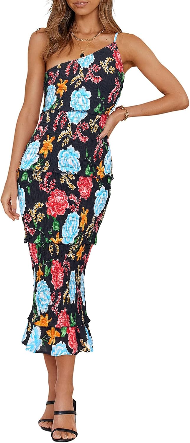 PRETTYGARDEN Women's Summer Midi Bodycon Dresses One Shoulder Strappy Tiered Ruffle Floral Boho Sun Dress