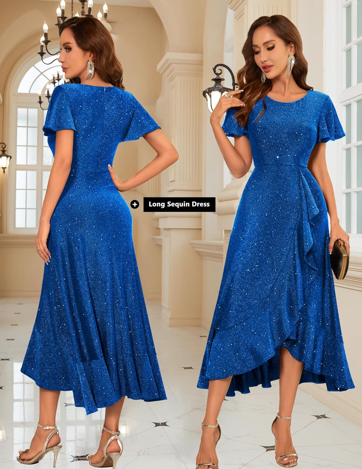 BeryLove Women Sequin Formal Party Dress Flutter Short Sleeve Wedding Cocktail Long Evening Dress