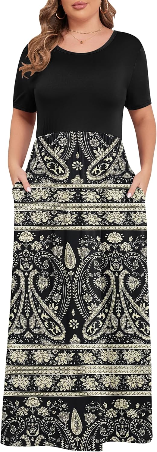 KARALIN Women’s Plus Size Maxi Dresses for Curvy Women Summer Casual Short Sleeve 2025 Long Dress 14W-26W