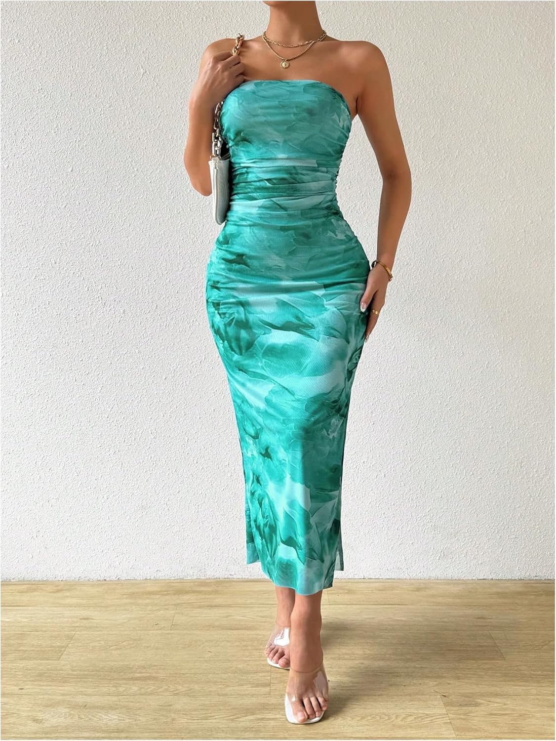 Milumia Women's Printed Strapless Tube Top Long Dress Slit Hem Sleeveless Bodycon Maxi Dresses