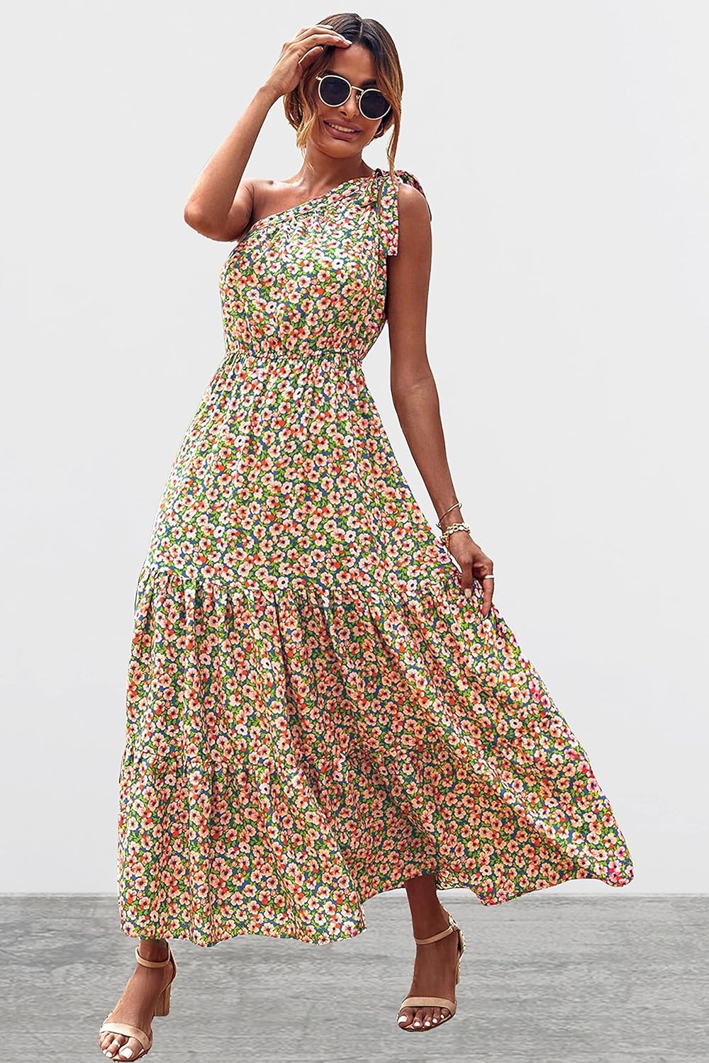 PRETTYGARDEN Women's Summer Floral Maxi Dress Knot One Shoulder Sleeveless Ruffle Flowy Boho Beach Wedding Guest Dresses