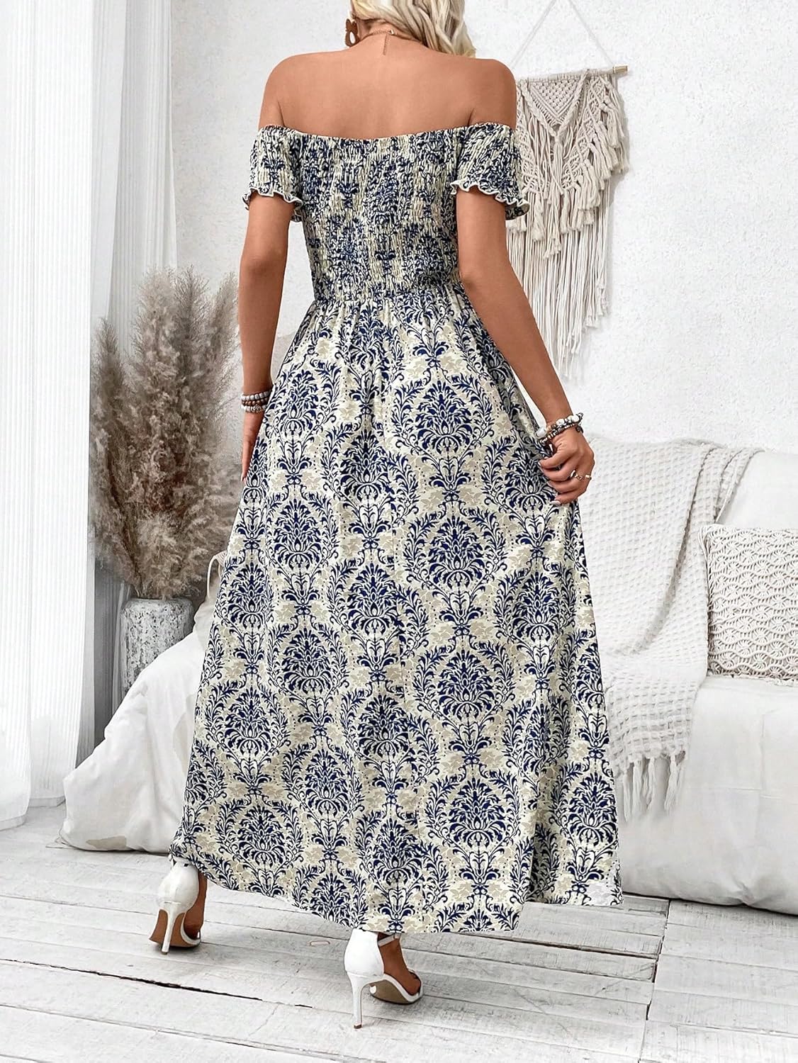 Floerns Women's Boho Floral Print Off Shoulder Split Long A Line Dress