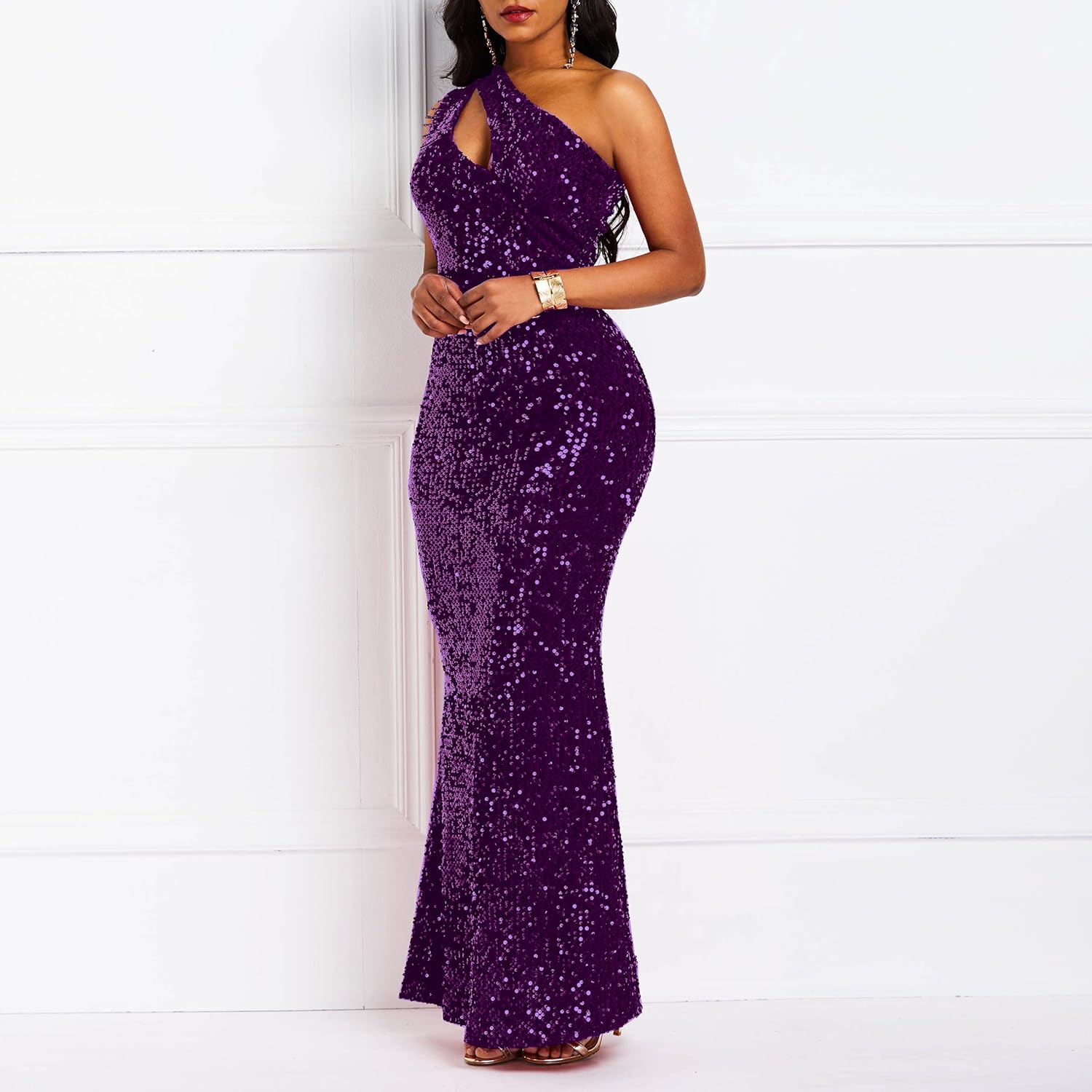 Cololura Women Sequin Elegant Sexy One Shoulder Tassel Mermaid Bodycon Cocktail Evening Dress