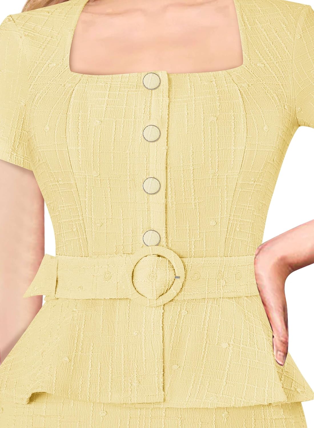 VFSHOW Womens 2024 Business Work Office Square Neck Belted Peplum Buttons Slim Bodycon Sheath Dress