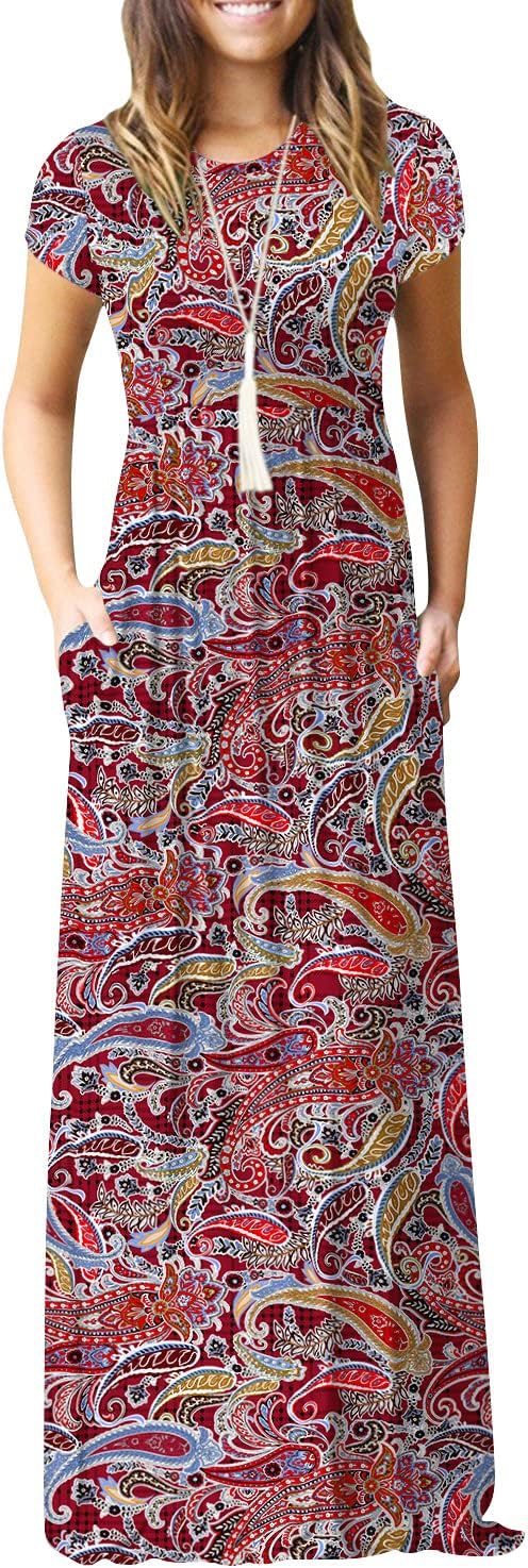 DEARCASE Maxi Dress for Women Short Sleeve Casual Summer Loose Plain Comfy Long Dresses with Pockets