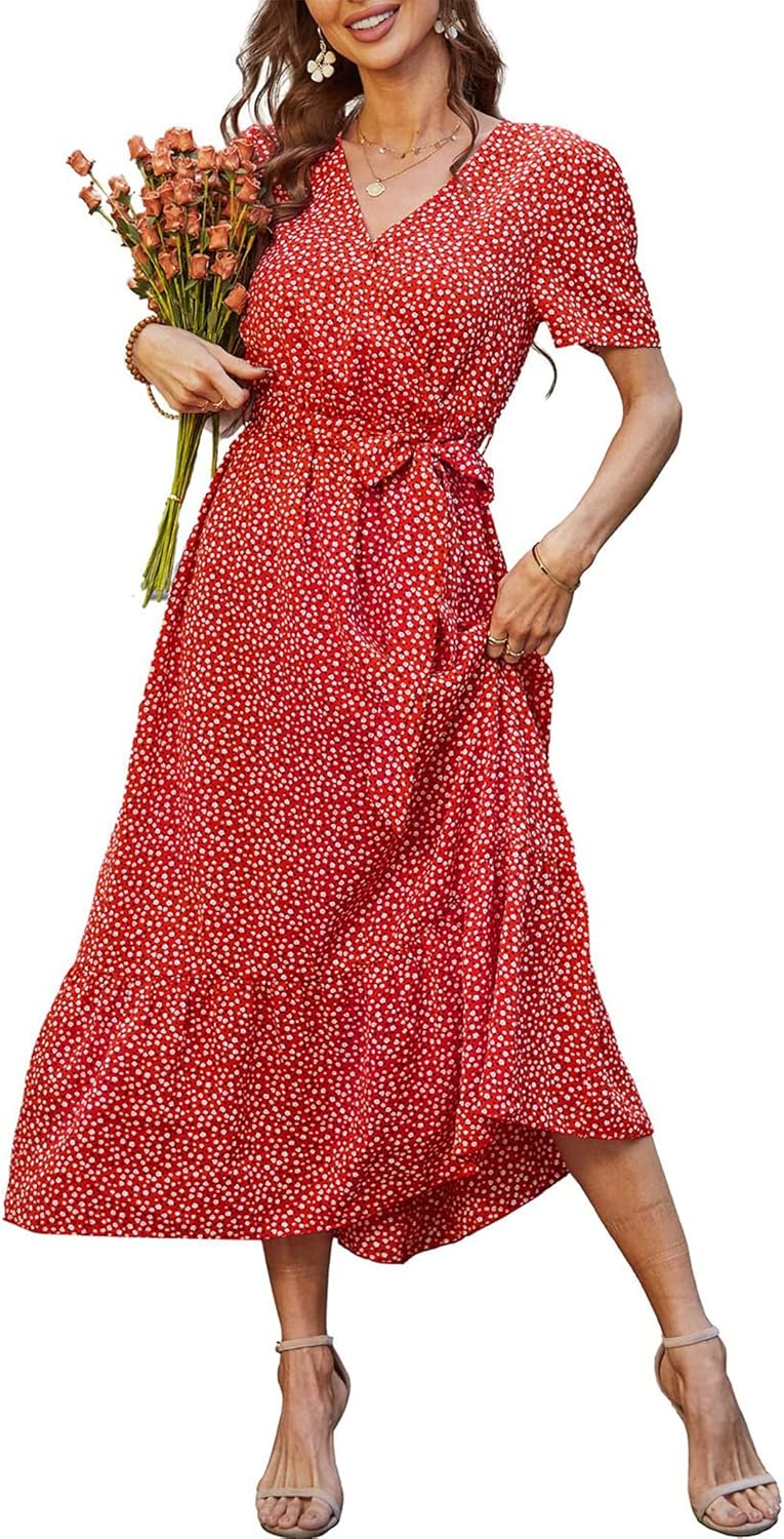 PRETTYGARDEN Women's Summer Floral Boho Dress Wrap V Neck Short Sleeve Ruffle A-Line Flowy Maxi Wedding Guest Dresses