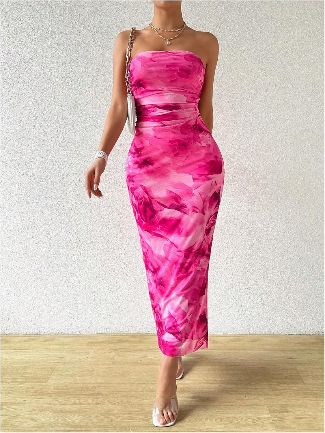 Milumia Women's Printed Strapless Tube Top Long Dress Slit Hem Sleeveless Bodycon Maxi Dresses