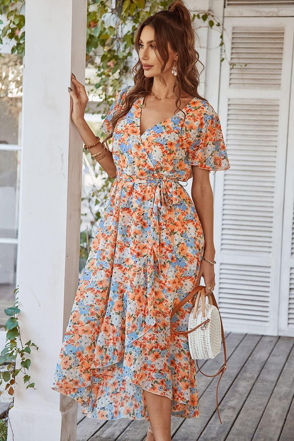 PRETTYGARDEN Women's Summer Floral Boho Dress Wrap V Neck Short Sleeve Ruffle A-Line Flowy Maxi Wedding Guest Dresses