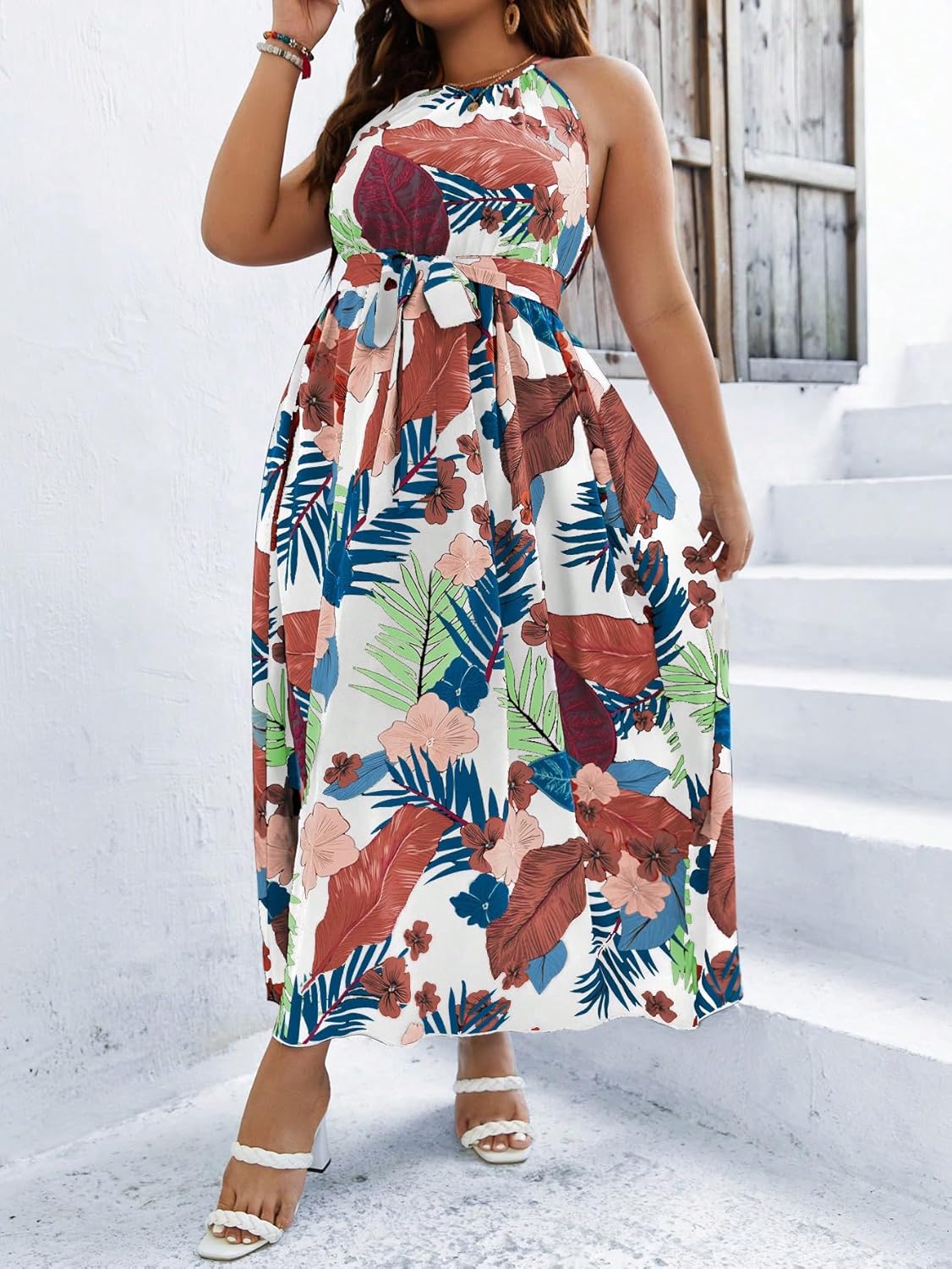 Floerns Women's Plus Size Boho Sleeveless Halter Neck Tie Back A Line Long Dress