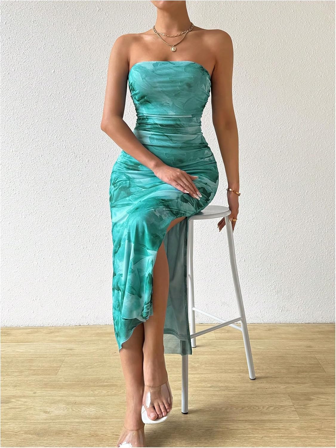 Milumia Women's Printed Strapless Tube Top Long Dress Slit Hem Sleeveless Bodycon Maxi Dresses