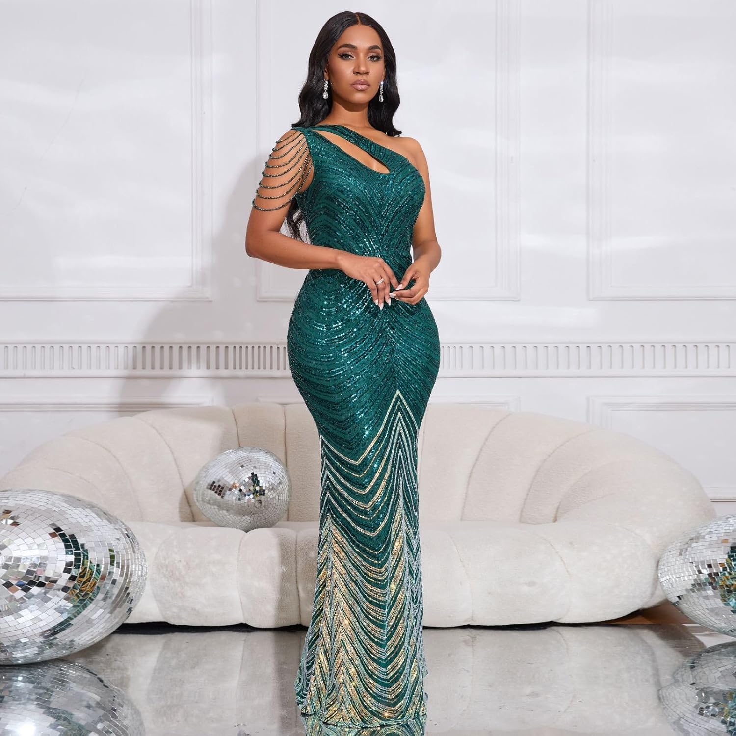 Cololura Women Sequin Elegant Sexy One Shoulder Tassel Mermaid Bodycon Cocktail Evening Dress