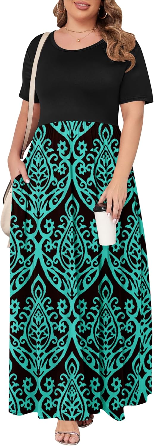 KARALIN Women’s Plus Size Maxi Dresses for Curvy Women Summer Casual Short Sleeve 2025 Long Dress 14W-26W