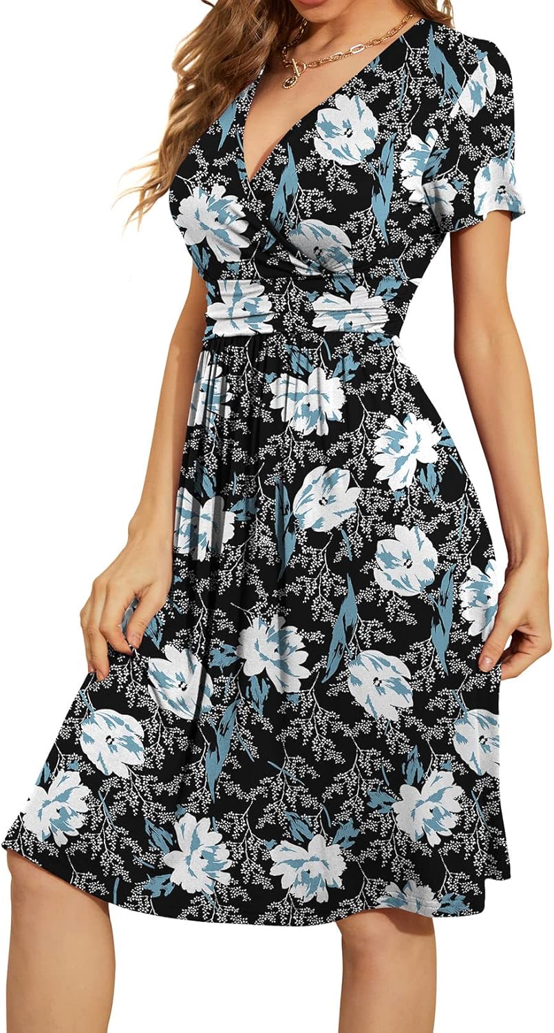 WEACZZY Women's Summer Short Sleeve Casual Dresses V-Neck Floral Party Dress with Pockets
