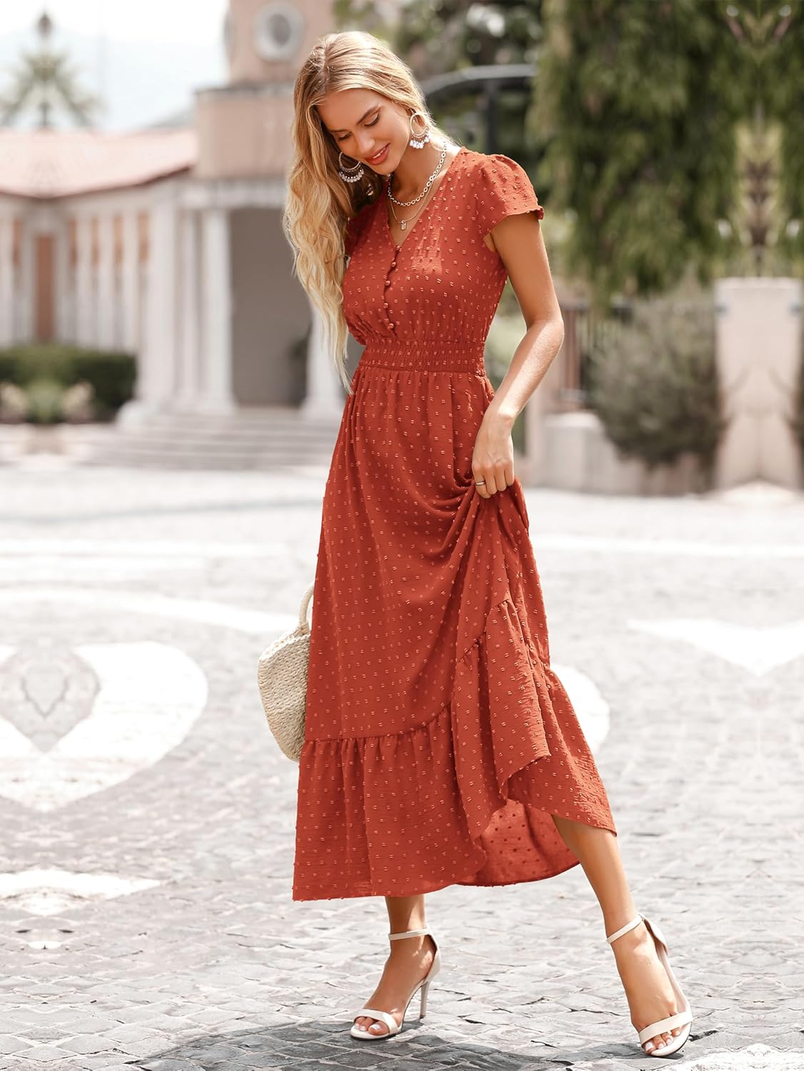 PRETTYGARDEN Womens Dresses 2025 Summer Maxi Dress Boho Short Sleeve V Neck Swiss Dot Ruffle Tiered Smocked Flowy Long Dress