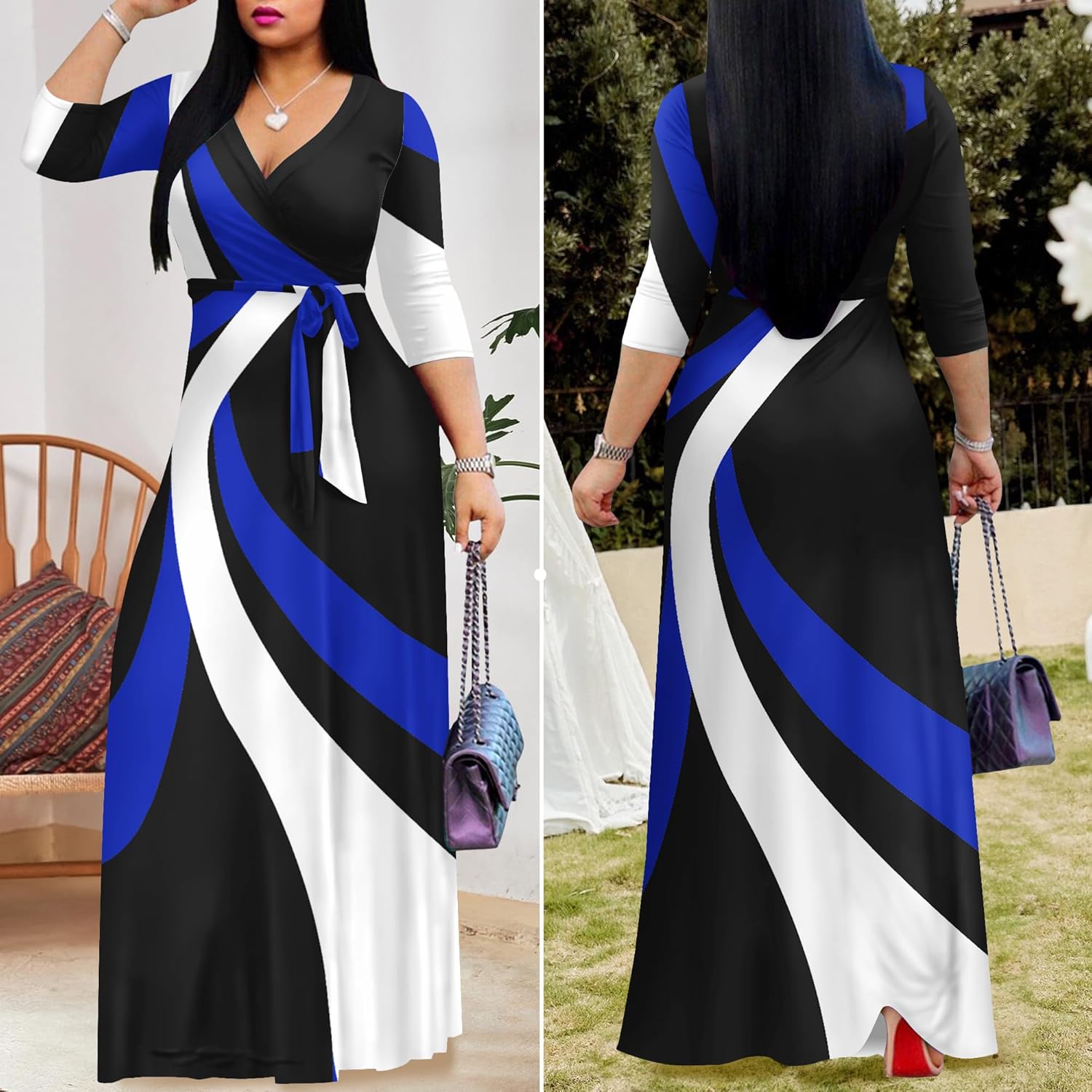 FANDEE Plus Size Maxi Dress for Women Casual Summer Sundress V-Neck 3/4 Sleeve