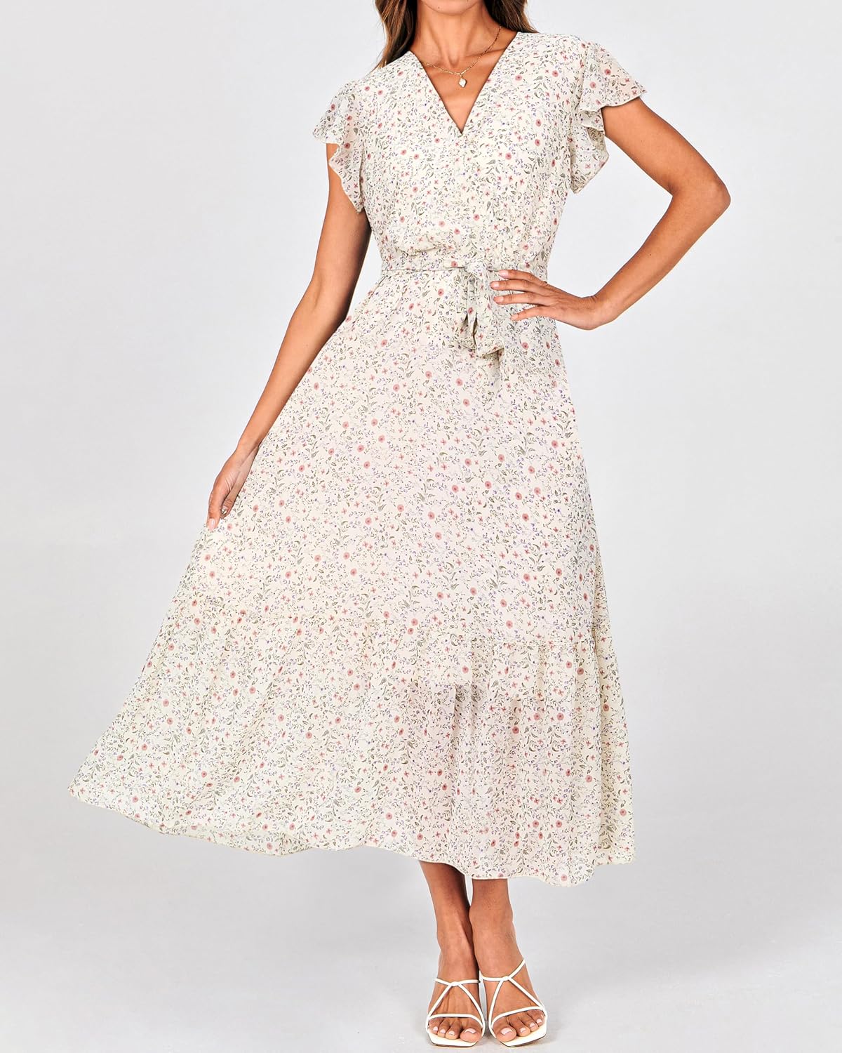 BTFBM Women Summer Bohemian Floral Casual Wrap V Neck Ruffle Cap Sleeveless Belt A-Line Pleated Hem Midi Sun Dress White