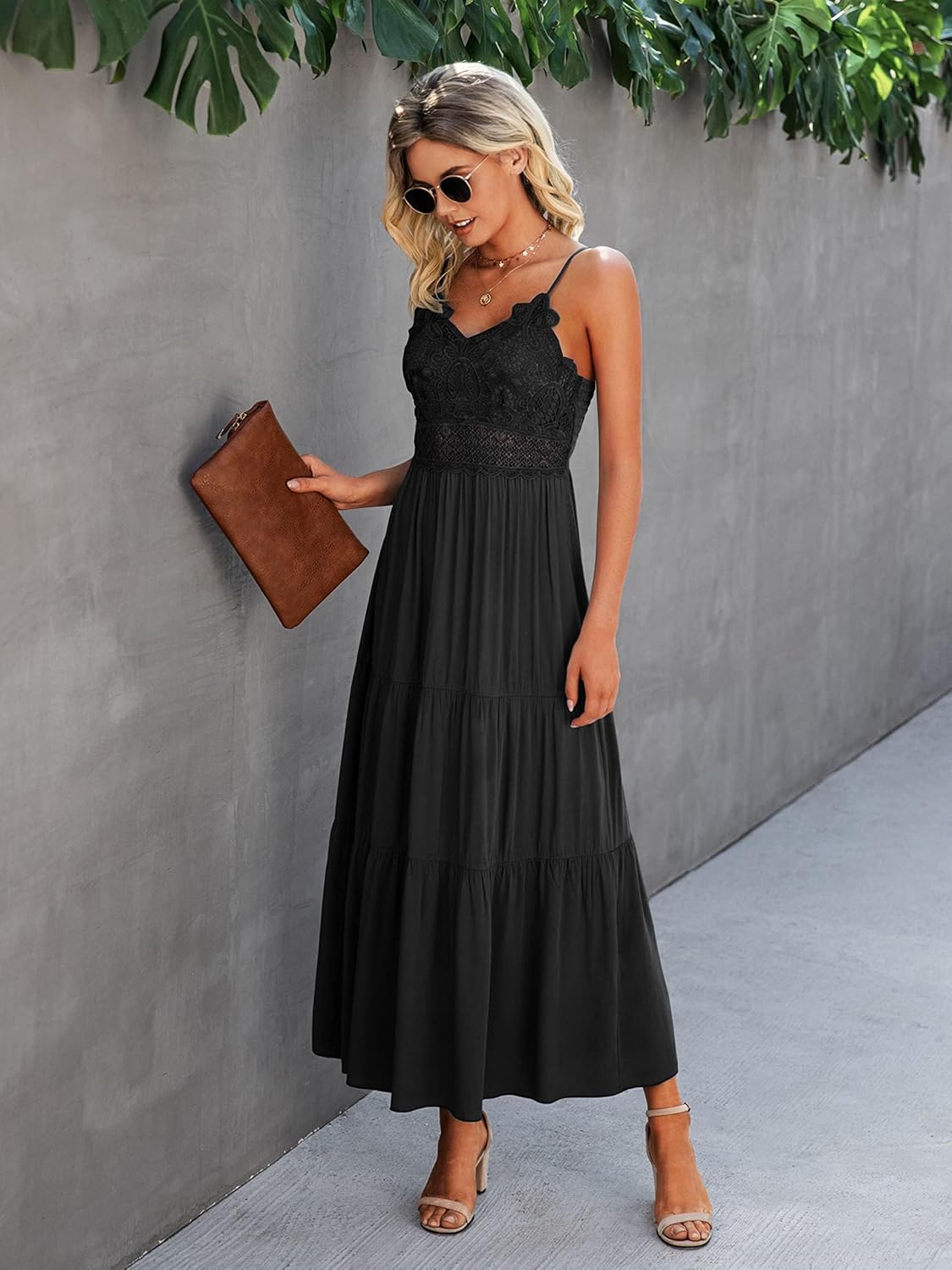 Dokuritu Women's Beach Crochet Lace Maxi Dress Solid Color Summer Vacation Spaghetti Strap Long Dress 2024
