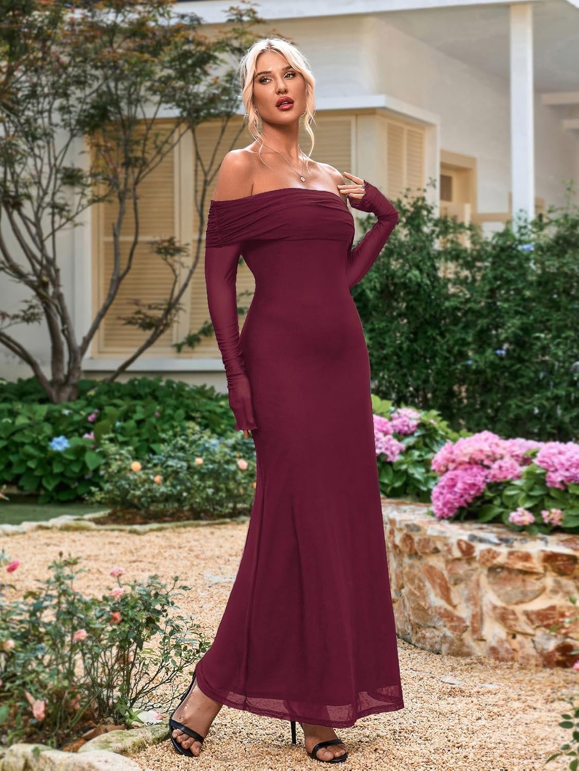KUTUMAI Women Off Shoulder Bodycon Maxi Dress Long Sleeve Mesh Ruched Party Formal Wedding Guest Dresses