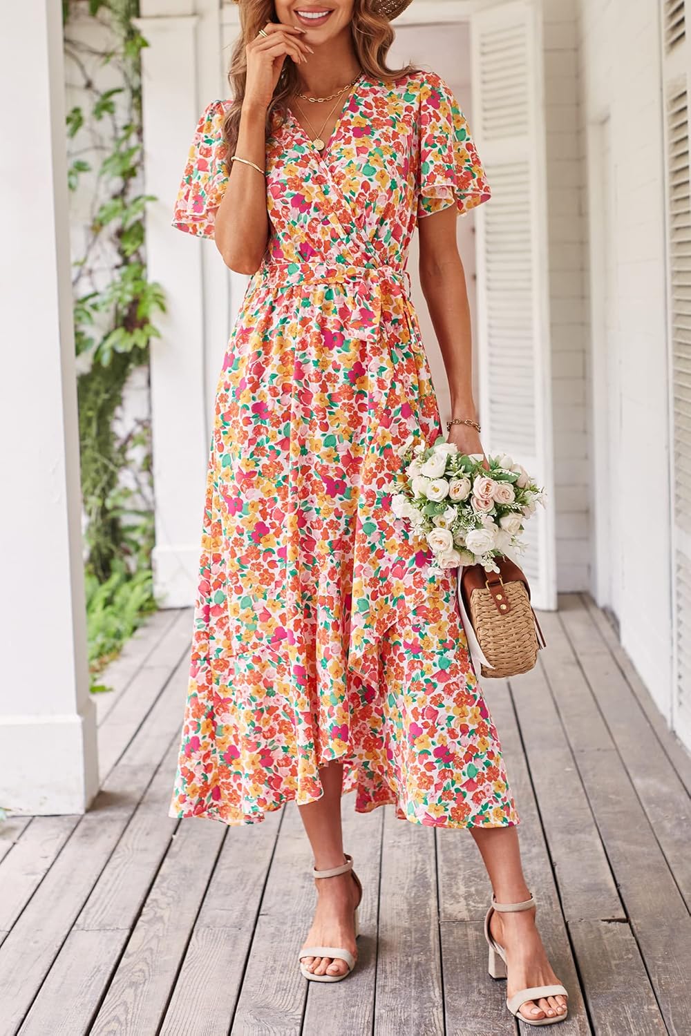 PRETTYGARDEN Women's Summer Floral Boho Dress Wrap V Neck Short Sleeve Ruffle A-Line Flowy Maxi Wedding Guest Dresses