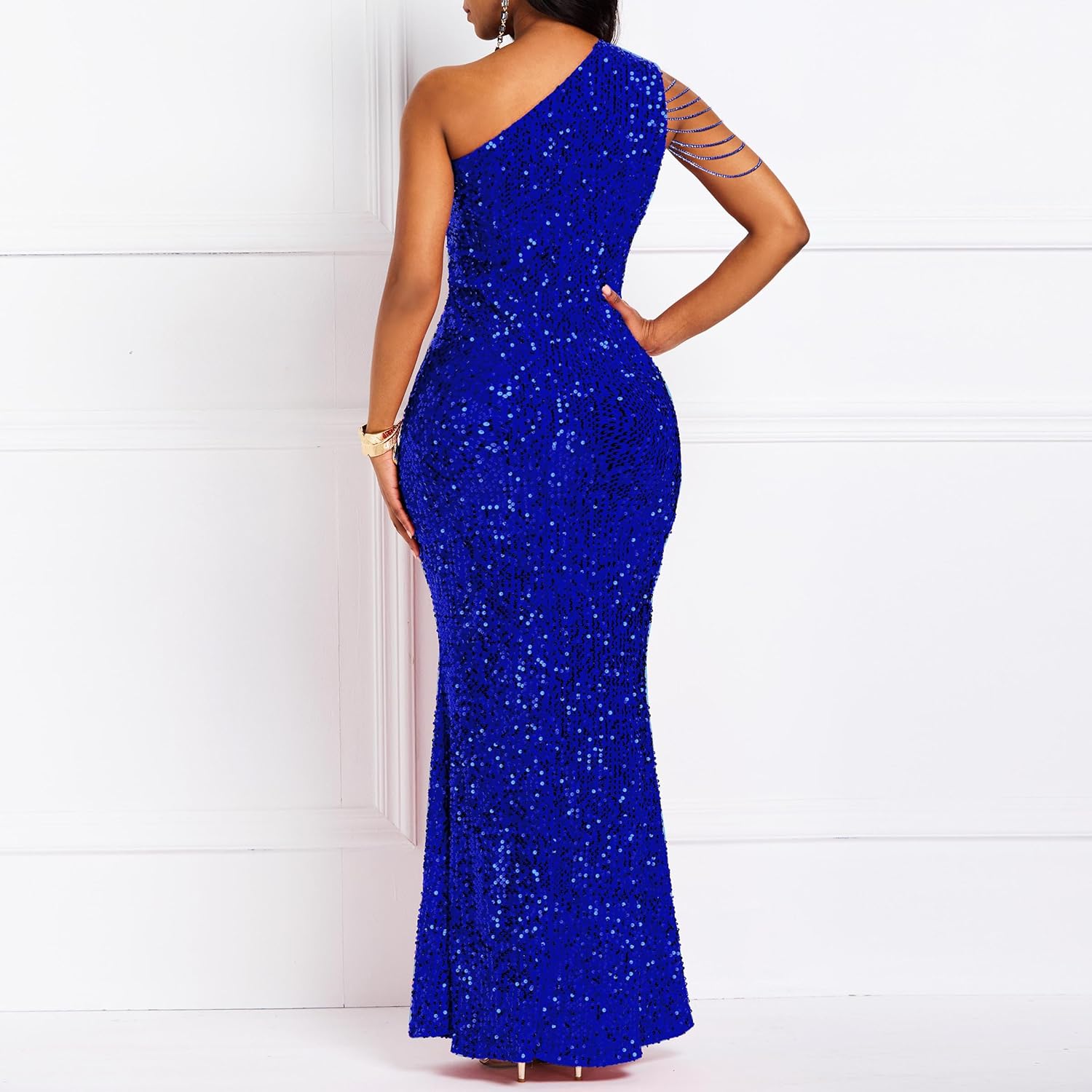 Cololura Women Sequin Elegant Sexy One Shoulder Tassel Mermaid Bodycon Cocktail Evening Dress