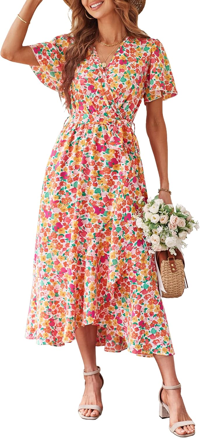 PRETTYGARDEN Women's Summer Floral Boho Dress Wrap V Neck Short Sleeve Ruffle A-Line Flowy Maxi Wedding Guest Dresses