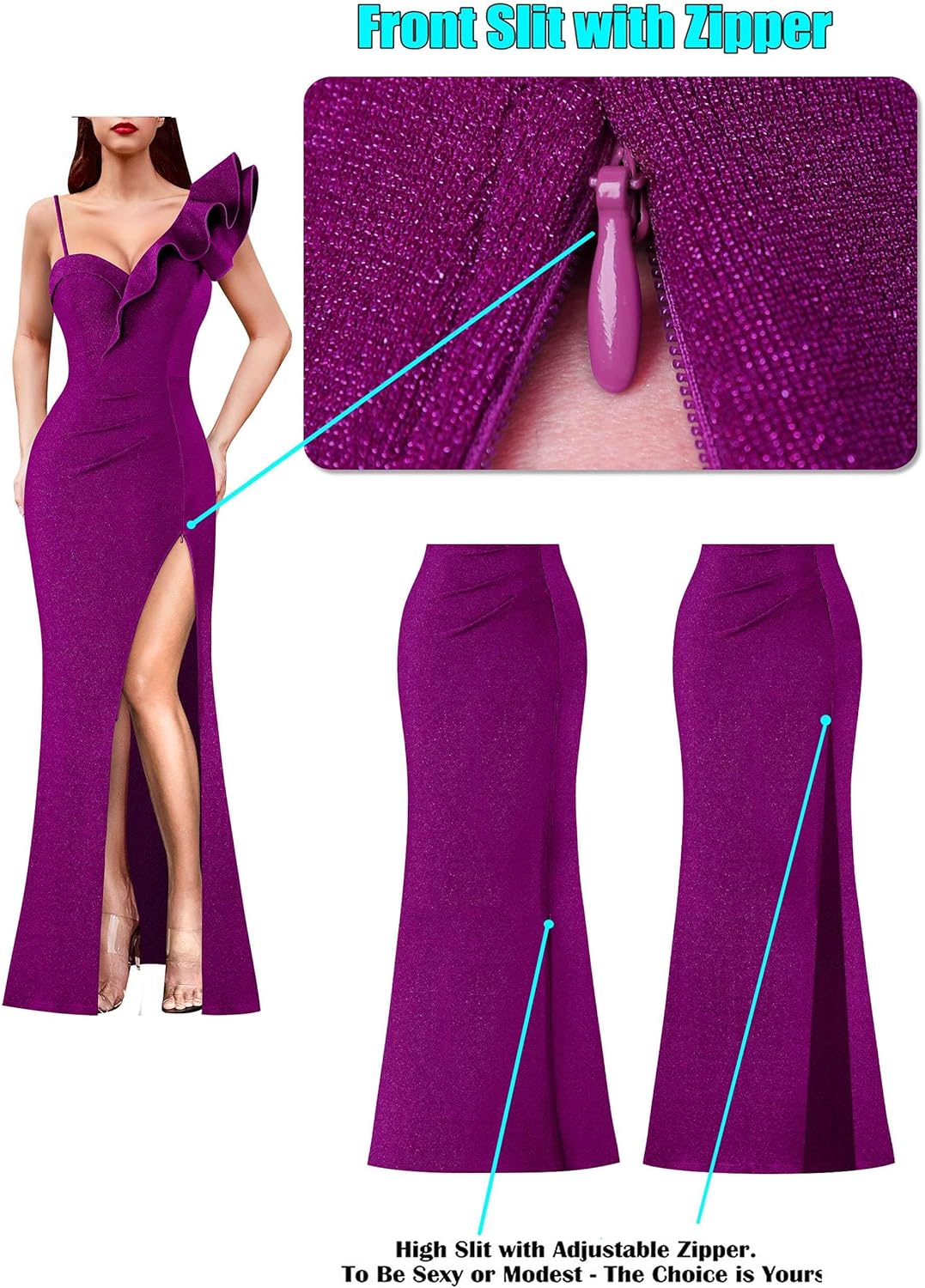 VFSHOW Womens Ruffle One Shoulder Strap Ruched Formal Prom Wedding Maxi Dress V Neck Elegant Split Cocktail Evening Long Gown