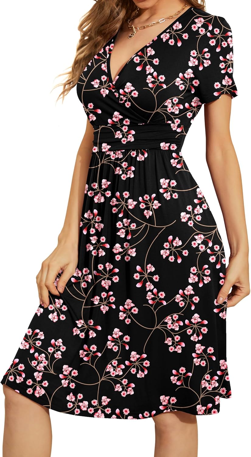 WEACZZY Women's Summer Short Sleeve Casual Dresses V-Neck Floral Party Dress with Pockets