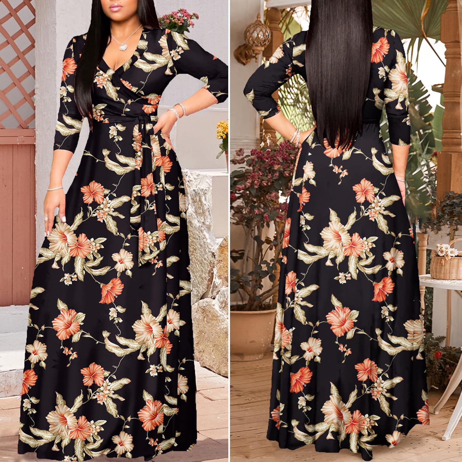FANDEE Plus Size Maxi Dress for Women Casual Summer Sundress V-Neck 3/4 Sleeve