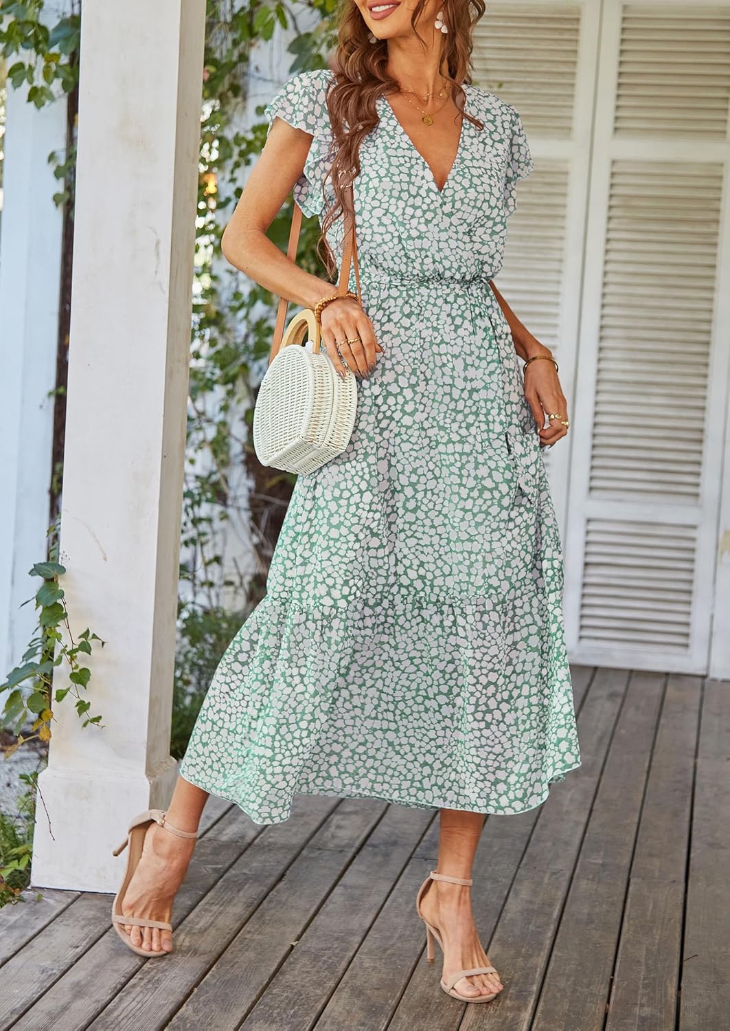 PRETTYGARDEN Women's Summer Floral Boho Dress Wrap V Neck Short Sleeve Ruffle A-Line Flowy Maxi Wedding Guest Dresses