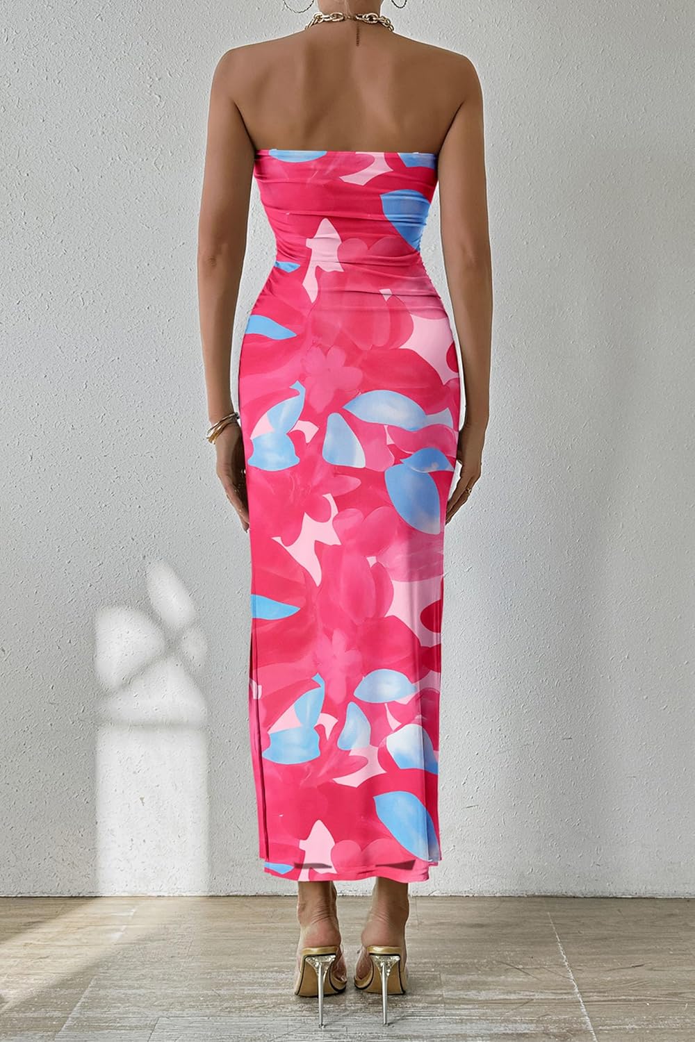 PRETTYGARDEN Women's Summer Maxi Bodycon Dresses Strapless Tube Top Printed Long Party Club Slit Dress